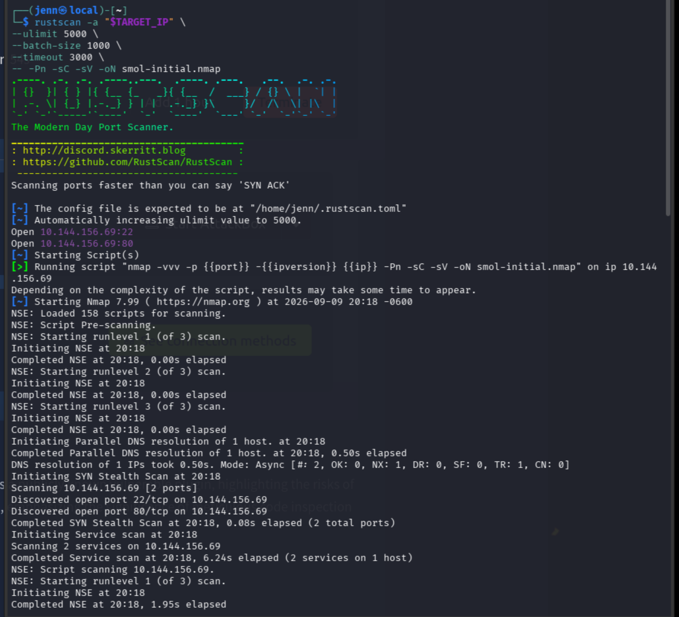 RustScan discovering SSH on port 22 and HTTP on port 80